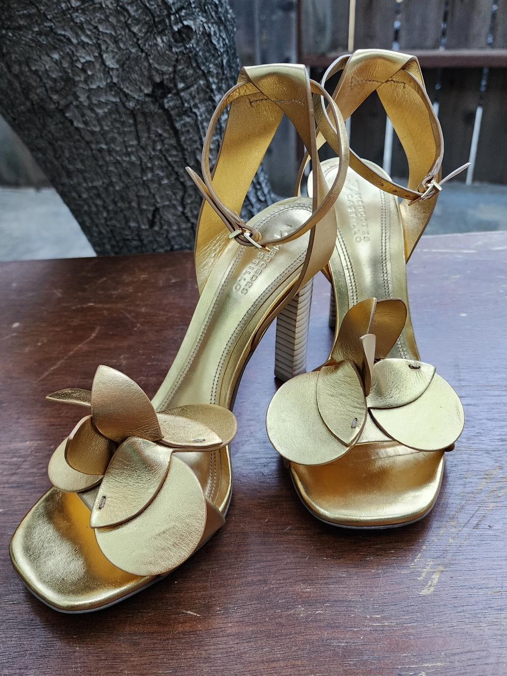 Mercedes Castillo Tealia Gold Leather Flower Sandals Ankle Strap Heels Block Hee